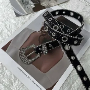 Schwarzer Strass Pailletten Damen Gürtel mit Metallösen modisches Jeans Accessoire