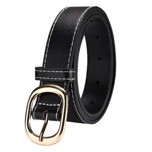 Women black leather belt with gold oval buckle and contrast white stitching for jeans.