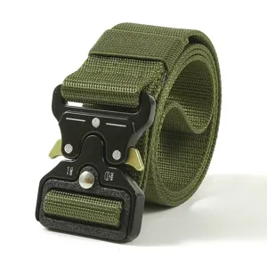 Close-up detail of the durable tactical belt metal quick-release buckle and military canvas strap.