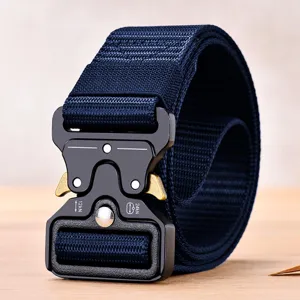 Men tactical nylon canvas belt with heavy duty metal quick release buckle for outdoor wear.