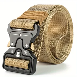 Heavy-duty tactical belt for men with quick-release metal buckle, durable canvas strap.