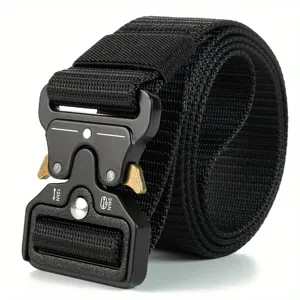 Black tactical belt with heavy-duty metal quick release buckle for men outdoor sports.