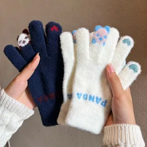 Gants tricotés tactiles d'hiver mignons pour femmes, moufles chaudes à motif de panda en peluche.