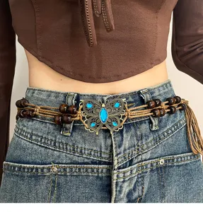 Bohemian butterfly waist chain detail, vintage bronze metal buckle with blue rhinestone beads.