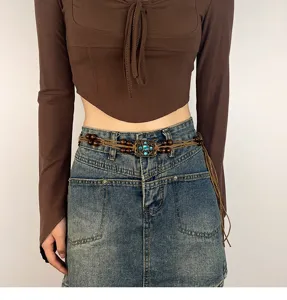 Boho retro woven waist belt featuring blue rhinestone buckle for stylish women daily wear.