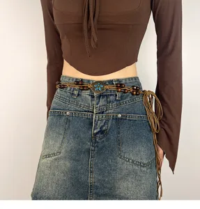 Boho vintage woven waist chain with wooden beads and metal buckle, stylish accessory.