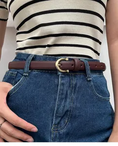 Minimalist brown leather belt with gold buckle for women jeans casual everyday wear