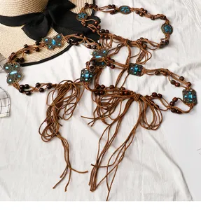 Bohemian retro braided waist chain with blue rhinestone butterfly accents for women dress