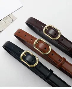 Women casual minimalist leather belt detail featuring elegant oval metal buckle and multi-color set.