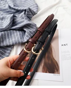Slim leather belt for women, retro metal ring buckle design, versatile casual accessory for jeans and dresses.
