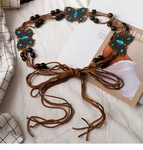 Bohemian butterfly waist chain with wooden beads and blue gem vintage belt for women