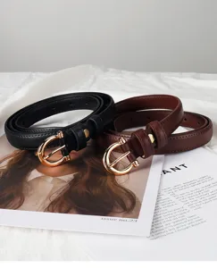 Women thin leather belt set black brown gold buckle casual fashion jeans waist accessories