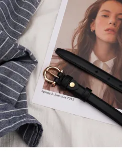 Slim black leather belt with gold round buckle casual fashion women jeans accessory