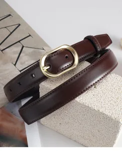 Stylish brown leather belt with a golden oval buckle for women's daily fashion wear.