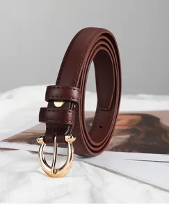 Slim brown leather belt featuring elegant gold metal buckle, stylish detail view for women.