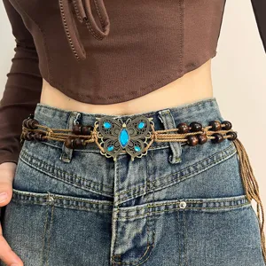Bohemian Vintage Waist Chain For Women Woven Rope Blue Butterfly Square Oval Metal Pendant Adjustable Retro Dress Belt Jewelry