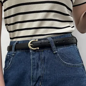 Minimalist black leather belt with gold buckle for women jeans casual fashion