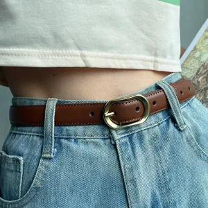 Women casual brown leather belt minimalist waist cincher stylish metal oval buckle accessory