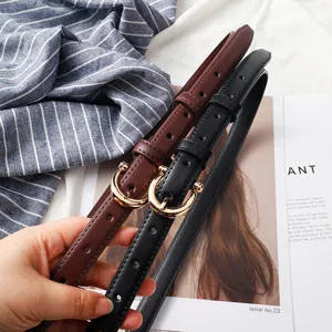 Women slim leather belt with elegant metal buckle, stylish retro jeans accessory for daily wear.