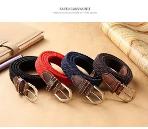 Elastic braided canvas belt with leather tip and metal pin buckle for casual daily wear.