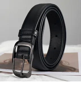 Black leather belt detail showing the classic pin buckle and rolled shape design for women.