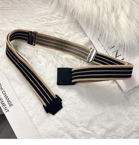 Detailansicht eines stilvollen elastischen Taillengürtels mit schwarz-beigen Streifen, verstellbar.