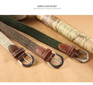 Casual woven canvas belt with elastic design, leather tips and metal pin buckle for daily wear.