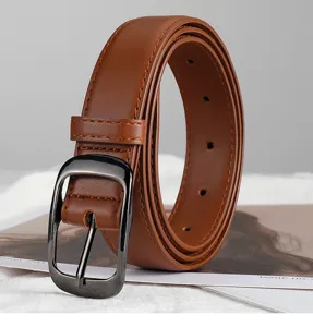 Retro brown women leather belt with stylish pin buckle, casual jeans belt for daily use.