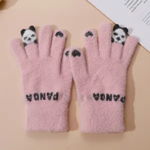 Cute pink knit gloves women autumn winter warm thick touch screen cute panda design mittens
