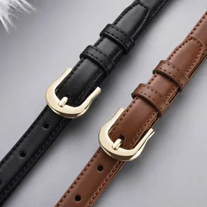 Women fashion leather belt with gold pin buckle casual slim belt for jeans dress black brown