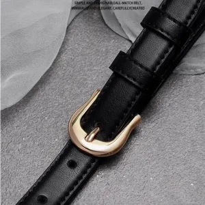 Womens black leather belt with gold pin buckle, elegant slim dress belt for jeans.