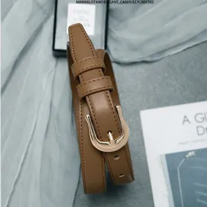 Women's thin brown leather belt with stylish gold metal buckle casual waist accessory