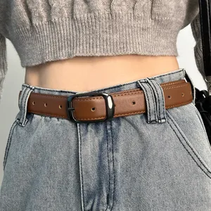 Retro brown leather belt for women, casual pin buckle jeans belt, minimalist versatile waist.