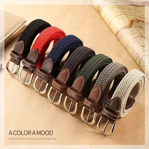 Unisex Casual Woven Elastic Canvas Belt Stretch Braided Belt With Alloy Pin Buckle Leather End For Men Women Daily Wear