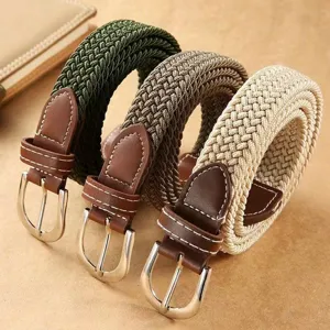 Men women woven elastic belt braided stretch casual canvas belt with metal buckle daily wear.