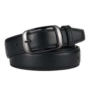 Classic black leather belt for women with metal pin buckle, minimalist style daily wear.