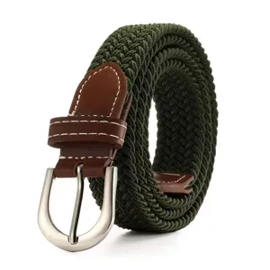 Men Women Elastic Woven Belt Casual Stretch Braided Belt with Metal Buckle Military Green