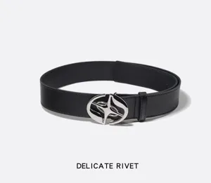 Close-up of black leather belt featuring a unique silver metal buckle for stylish daily wear.