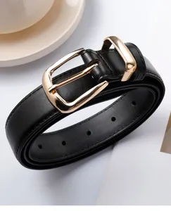 Minimalist black leather belt with gold pin buckle, perfect for casual jeans and daily wear.