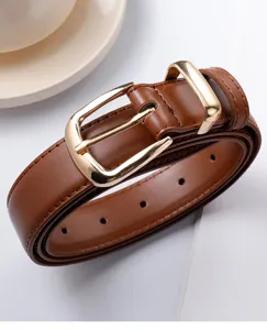 Brown leather belt with gold pin buckle, minimalist casual waist strap for women.