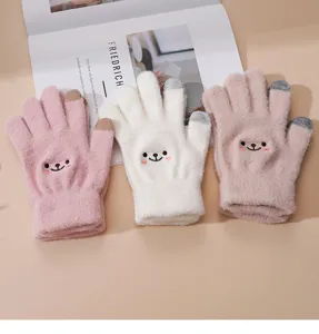 Cute winter knit touchscreen gloves with bear embroidery for women, warm and cozy gear.