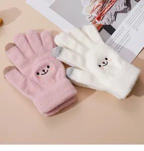 Cute bear embroidered winter knitted gloves detail view, soft warm touchscreen design for women.
