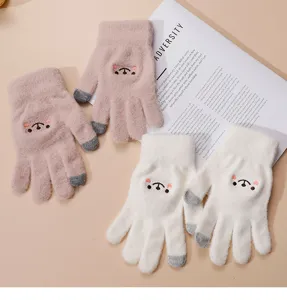 Women winter cute bear embroidery knitted touchscreen warm gloves 2024 new style