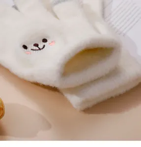 Winter warm plush cute bear embroidered gloves for women thick soft touch screen mittens