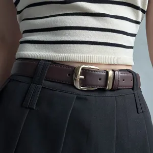 Women's brown leather belt with gold pin buckle minimalist waist strap daily casual wear