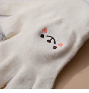 Winter warm plush knitted gloves for women, cute bear embroidery, thick cozy cold weather gear.