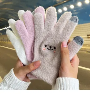 Winter warm plush touch screen gloves for women cute thick knit outdoor cycling cute design