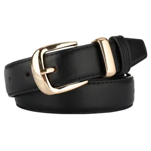 Black leather belt for women with stylish gold pin buckle casual accessory main view