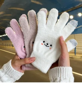 Winter warm touchscreen gloves cute bear embroidery thick fleece lined for women daily wear