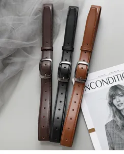 Detailed view of women casual PU leather belts with metal pin buckle, triple color set.